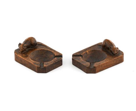 Robert Mouseman Thompson (1876-1955): Two English Oak Ashtrays, of standard rectangular form, each with carved mouse trademar