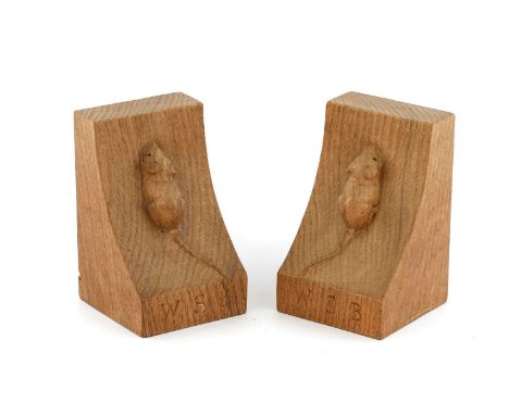 Workshop of Robert Mouseman Thompson (Kilburn): A Pair of English Oak Single Mouse Bookends, each carved W S B, each with car