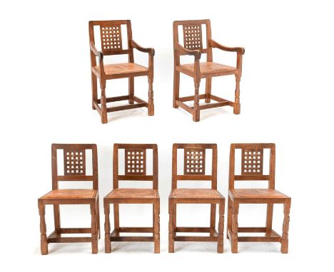 Workshop of Robert Mouseman Thompson (Kilburn): A Set of Six (4+2) English Oak Lattice Back Dining Chairs, nailed tan hide up