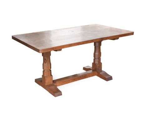 Workshop of Robert Mouseman Thompson (Kilburn): An English Oak 5ft Refectory Dining Table, 1959, dowelled top, on two octagon