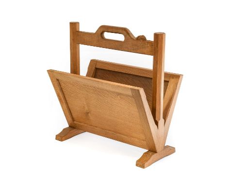 Workshop of Robert Mouseman Thompson (Kilburn): An English Oak Magazine Rack, with carrying handle between two octagonal upri