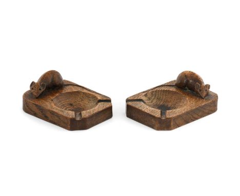 Robert Mouseman Thompson (1876-1955): Two English Oak Ashtrays, of standard rectangular form, each with carved mouse trademar