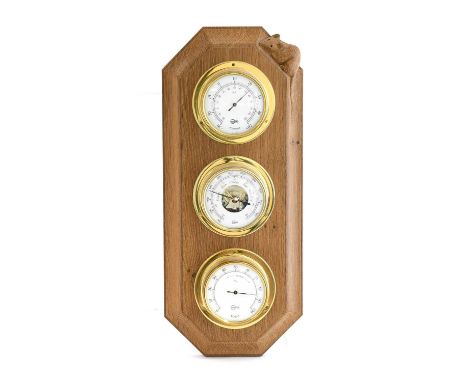Workshop of Robert Mouseman Thompson (Kilburn): An English Oak Barometer/Hygrometer/Thermometer, a brass mounted weather cent