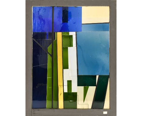 Graham M Pentelow (1954-): An Applique Abstract Glass Panel, mouthblown blue, green, yellow and clear glass, 52cm wide 70cm h