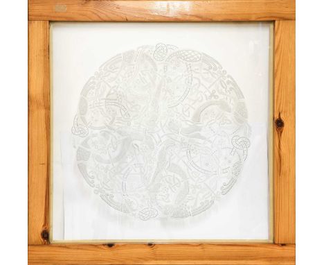Graham M Pentelow (1954-): A Clear Glass Panel, sandblasted with a detail from The Book of Kells, 44cm square (excluding pine