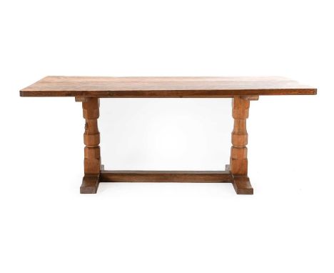 Workshop of Robert Mouseman Thompson (Kilburn): An English Oak 6ft Refectory Dining Table, circa 1970, the adzed rectangular 