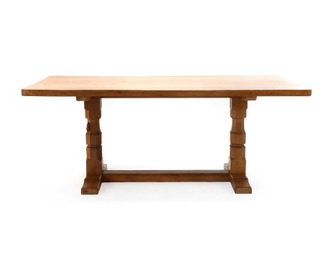 Workshop of Robert Mouseman Thompson (Kilburn): An English Oak 6ft Refectory Table, the adzed rectangular top on two octagona