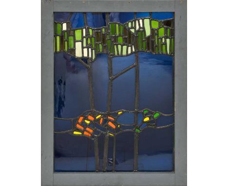 Graham M Pentelow (1954-): Trees, A Leaded Glass Panel, mouthblown blue, green and amber glass, 44cm wide 59cm high (excludin