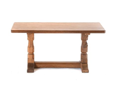 Workshop of Robert Mouseman Thompson (Kilburn): An English Oak 3ft Refectory Coffee Table, the rectangular top on two octagon