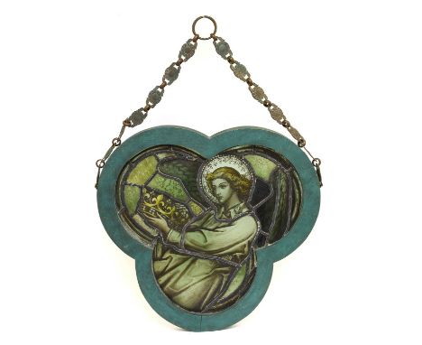 An Arts &amp; Crafts Stained Glass Panel, depicting Archangel Gabriel, in greens, blue and yellow, unsigned, 58cm by 61cm in 