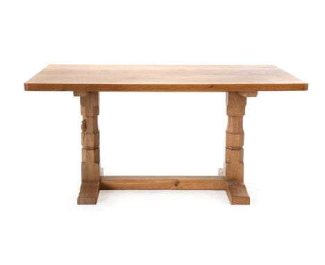 Workshop of Robert Mouseman Thompson (Kilburn): An English Oak 5ft Refectory Dining Table, on two octagonal legs joined by a 