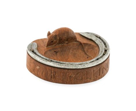 Workshop of Robert Mouseman Thompson (Kilburn): An English Oak Horse Hoof Shape Pin Tray, mounted with an aluminium racing pl