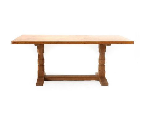 Workshop of Robert Mouseman Thompson (Kilburn): An English Oak 6ft Refectory Dining Table, the adzed rectangular top on two o