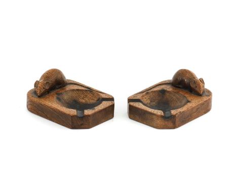 Robert Mouseman Thompson (1876-1955): Two English Oak Ashtrays, of standard rectangular form, each with carved mouse trademar