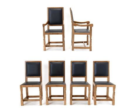 Workshop of Robert Mouseman Thompson (Kilburn): A Set of Six (4+2) English Oak "Harlequin" Dining Chairs, 2016, upholstered c