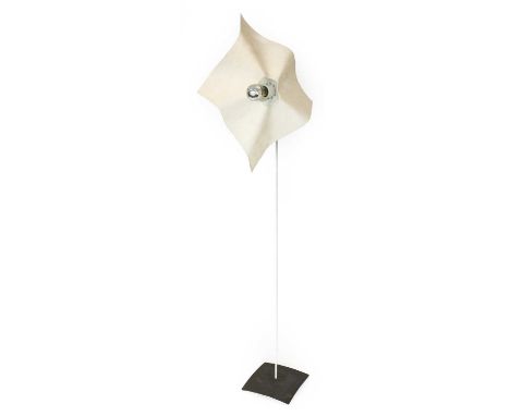 A 1970s Artemide Area 160/120 Floor Lamp, designed by Mario Bellini, white parchment shade on a white column, on a square bas