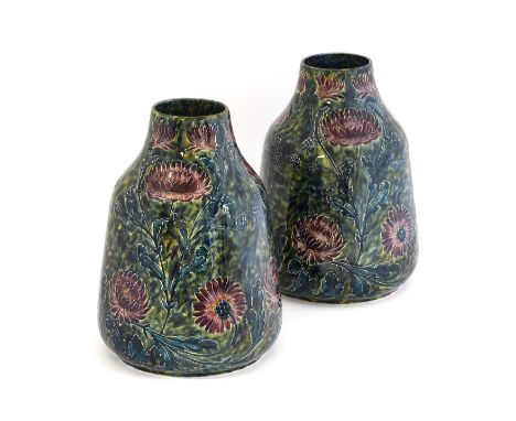 George Cartlidge (1868-1961) for Sampson Hancock &amp; Sons: A Pair of Morris Ware Vases, No. C11-1, decorated with purple ch