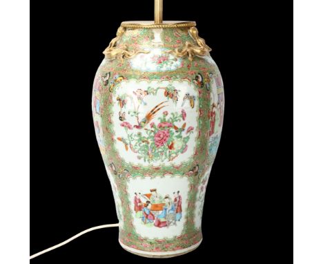 A 19th century Chinese famille rose baluster vase with later conversion for use as lamp, height of vase  45cmOriginal top of 