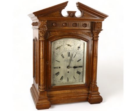 Impressive Victorian architectural oak-cased 8-day bracket clock, by Georg Oram of London, carved case with Corinthian column