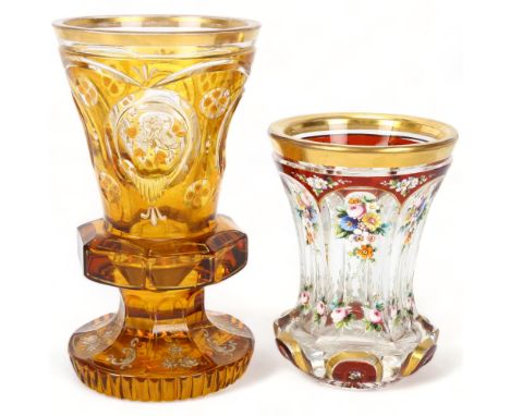 A Bohemian amber overlay cut-glass vase, height 17cm, and a ruby overlay cut-glass vase with painted enamel flowers, height 1