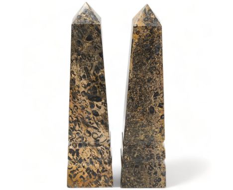 A pair of cut and polished stone Library obelisks', height 30cmGood condition, one obelisk has a seam which natural or repair