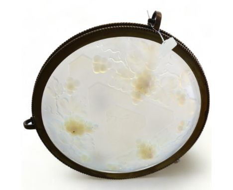 A French opalescent glass hanging light shade, with relief moulded grapevine decoration, in cast-brass frame, diameter 38cmGo