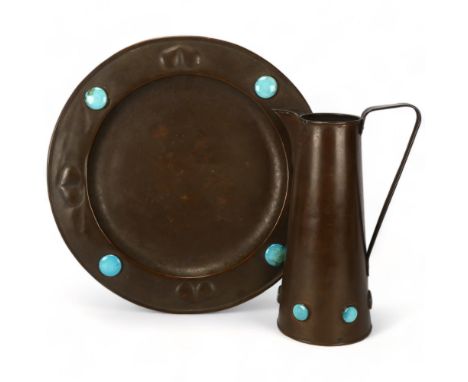 An Arts and Crafts copper jug and tray, with Ruskin turquoise ceramic discs, maker's mark to base, tray diameter 39cm, jug he