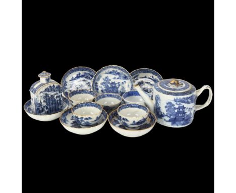 A group of Chinese porcelain items, including a tea caddy and cover, height 12.5cm, a teapot with crossover handle, 5 tea bow