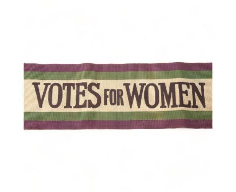 An early 20th century "Votes for Women" Suffragette sash, in woven purple, green and white fabric, metal hook for banner pouc