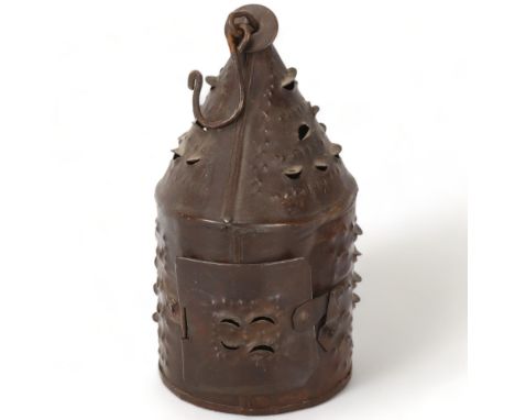 A small 19th century brass lantern, possibly Chinese, main body height 19cm 