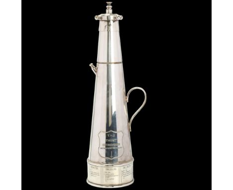 ASPREY - "The Thirst Extinguisher" novelty electroplate cocktail shaker modelled as a fire extinguisher, rotating base engrav