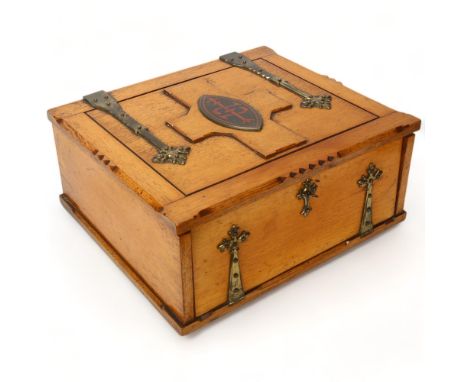 A Victorian Gothic light oak desk-top box, with brass strapwork hinges and mounts, hinged lid and drop front, 39cm x 34cm, he