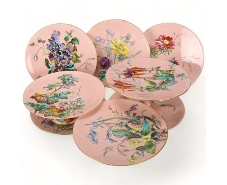19th century porcelain dessert service, hand coloured transfer garden flowers, comprising 3 tazza and 5 x 23cm platesGild edg