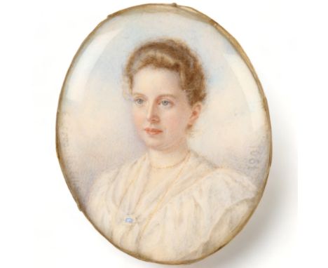 Eveline Corbould-Ellis, miniature portrait of a woman, watercolour on ivory, signed and dated 1901, height 4.5cm, behind conv