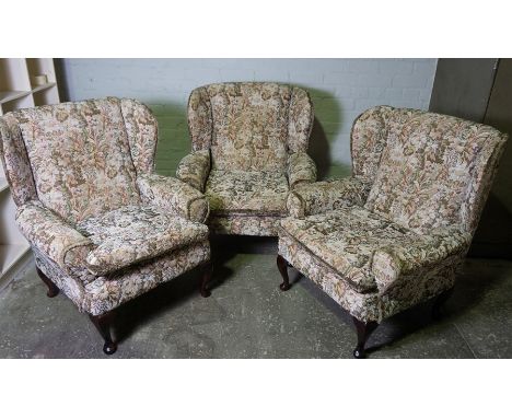 Three Matching Tapestry Wing Armchairs, 93cm high, (3)