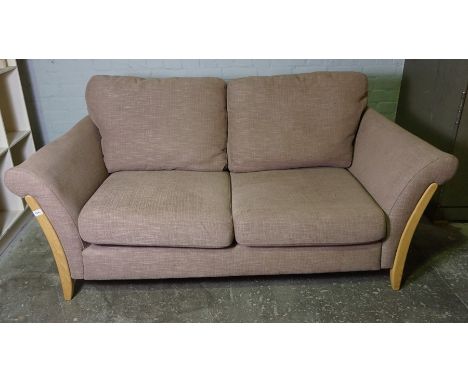 Ercol Beech Framed Upholstered Two Seater Sofa, Upholstered in a Fawn Fabric, 71cm high, 186cm wide