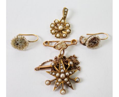 Victorian gold and pearl star pendant, 1891, another, a pair of seed pearl earrings and a similar pin.
