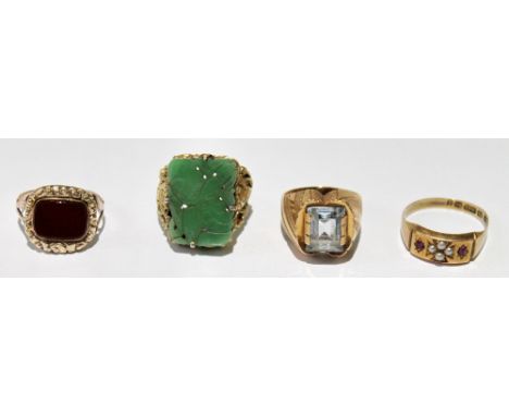 Pearl and ruby ring in 15ct gold, 1884, a mourning ring, another with blue topaz, '750', and another, jade and silver gilt.  