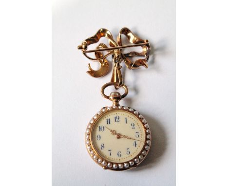 Geneva cylinder watch with gold case set with pearls and diamonds on wine enamel, '18K' with matching bow brooch. Condition R