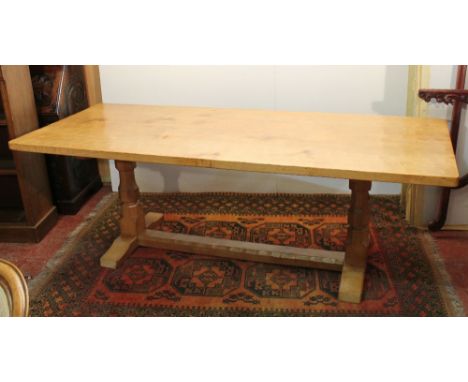 Robert 'Mouseman' Thompson of Kilburn oak refectory table having adzed top, bearing mouse signature to the typical trestle ba