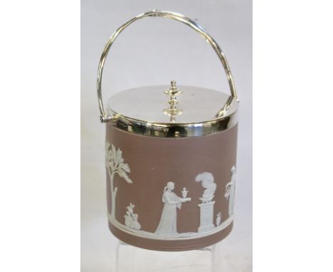 Edwardian Wedgwood Jasper Ware biscuit box with EP rim, cover with finial and twin loop handle, 24cm high (handle up).