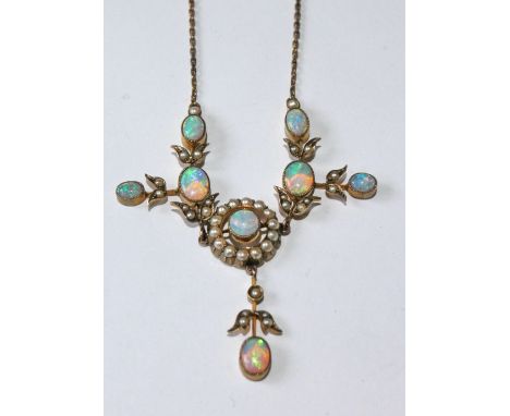 Edwardian gold necklace with opal and pearl cluster and drops. Condition Report All good.  No issues.  Main part is 7cm wide 