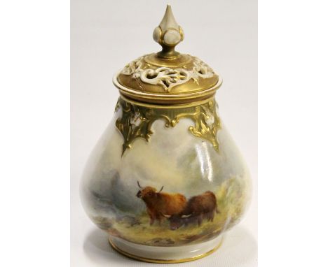 Royal Worcester vase by John Stinton decorated with vignettes of landscape and Highland cattle, with pierced cover and gilt e