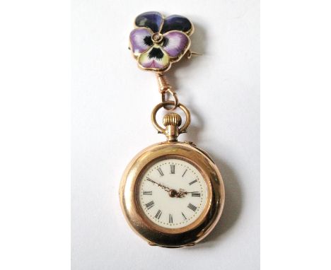 Swiss late 19th century cylinder watch, the back with enamelled and rose diamond-set pansy, with similar brooch, '14K/585'. C