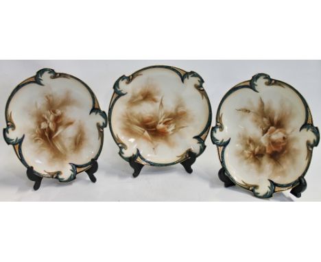 Set of three Hadley's Worcester Botanical series serving dishes with pierced blue and gilt shaped rims, two oval at 26.5cm di