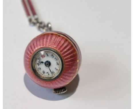 Geneva silver ball watch in guilloché pink enamel with matching necklet and original case, Leicht Mayer, Lucerne.
