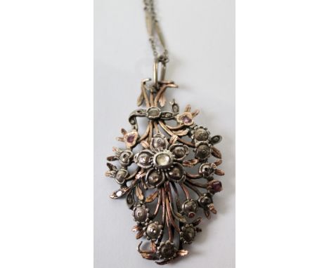 Antique jargoon, ruby and rose diamond openwork pendant in silver and gold, probably Indian.