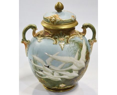 Royal Worcester Charles Baldwyn twin-handled vase with flying swan panel to the front and swallows to the reverse, floral dec