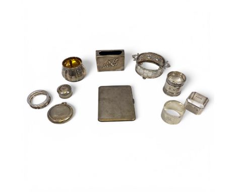 Collection Of Sterling Silver To Include A Silver Cigarette Case, 4 Napkin Rings Etc.,  Weighable Silver: 420g