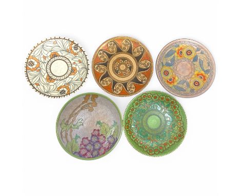 Charlotte Rhead for Crown Ducal, a collection of five various wall plates or chargers, comprising one of each of the followin